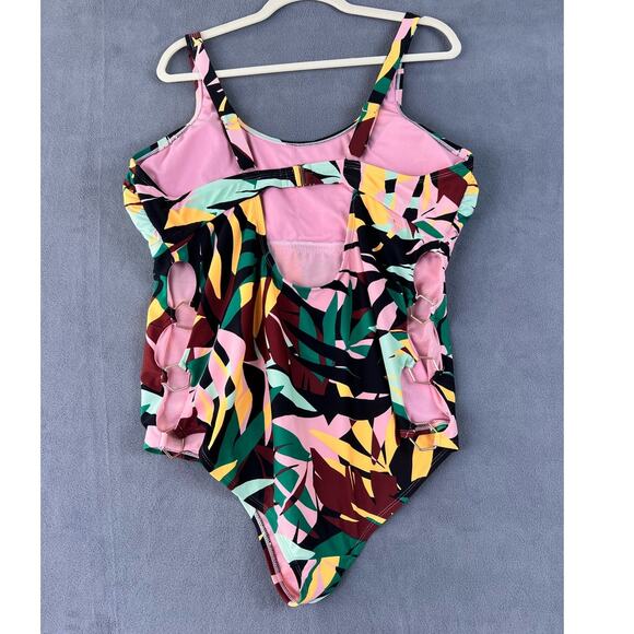 Allure One Piece Swimsuit Swimwear Size 22/24 Multi Color Palm Leaf Side Ring - Picture 2 of 6